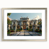 Abstract art print of a palace design in muted gray and silver tones, framed with a mat.