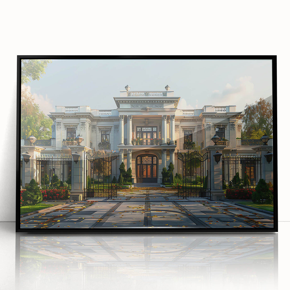 Large abstract wall art depicting a mid-century modernist palace design in black and white tones, framed in acrylic.