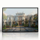 Large abstract wall art depicting a mid-century modernist palace design in black and white tones, framed in acrylic.