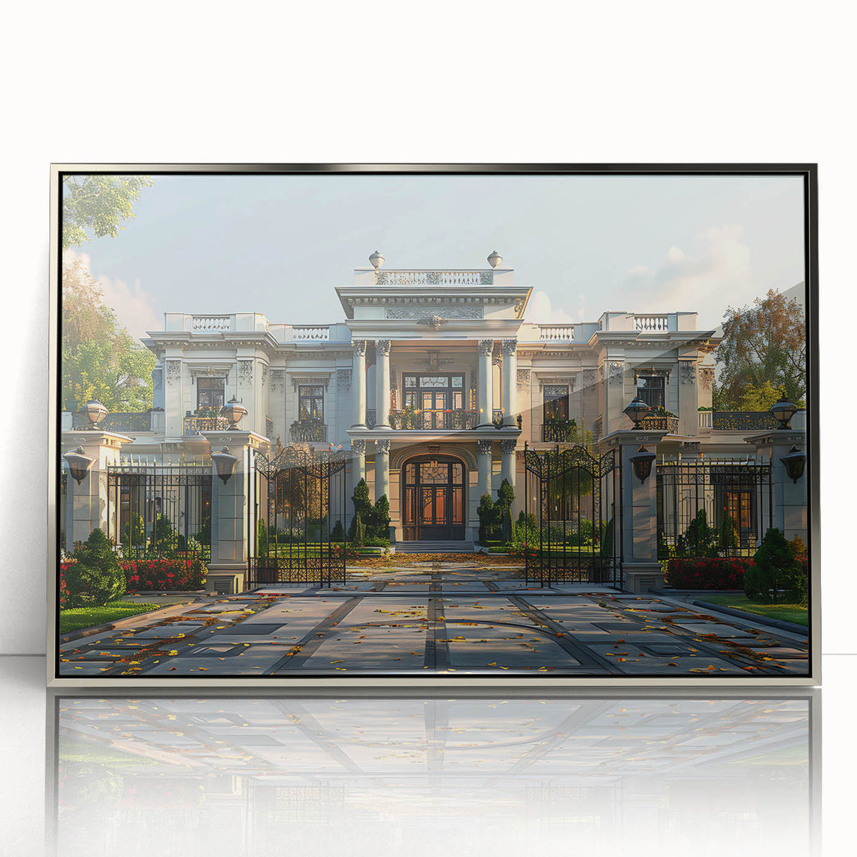 Art deco poster of a palace design in silver tones on framed acrylic, suitable for modern art wall decor or nursery.
