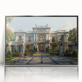 Art deco poster of a palace design in silver tones on framed acrylic, suitable for modern art wall decor or nursery.