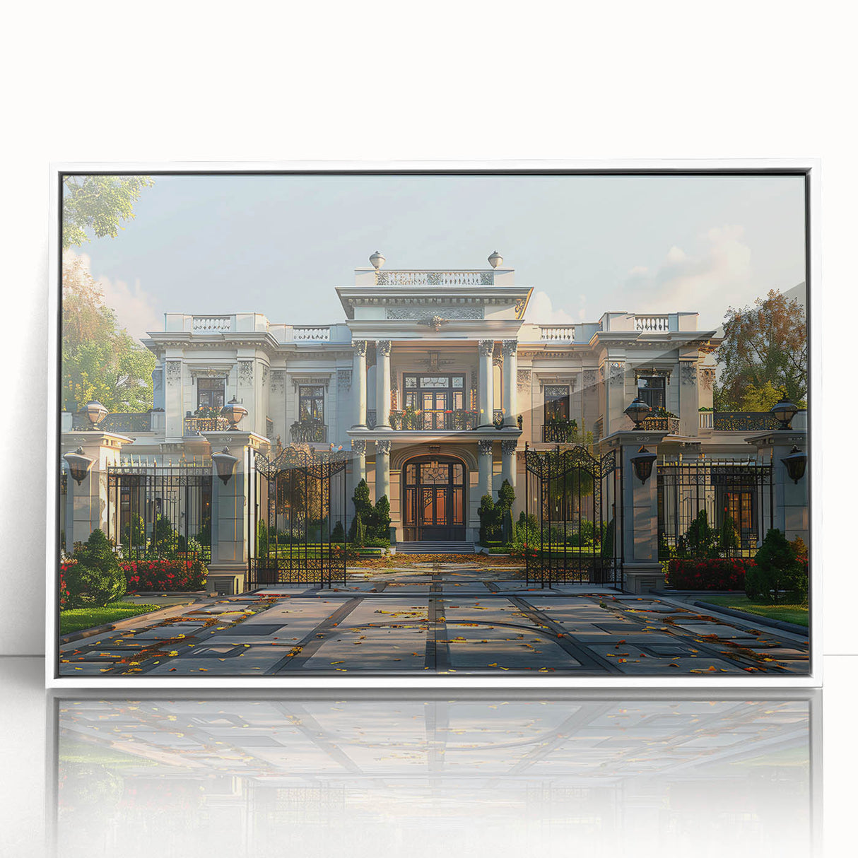 Framed acrylic print of a mid-century modernist palace architecture in muted gray tones, ideal for modern art wall decor.