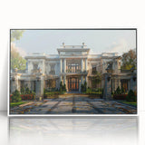 Framed acrylic print of a mid-century modernist palace architecture in muted gray tones, ideal for modern art wall decor.