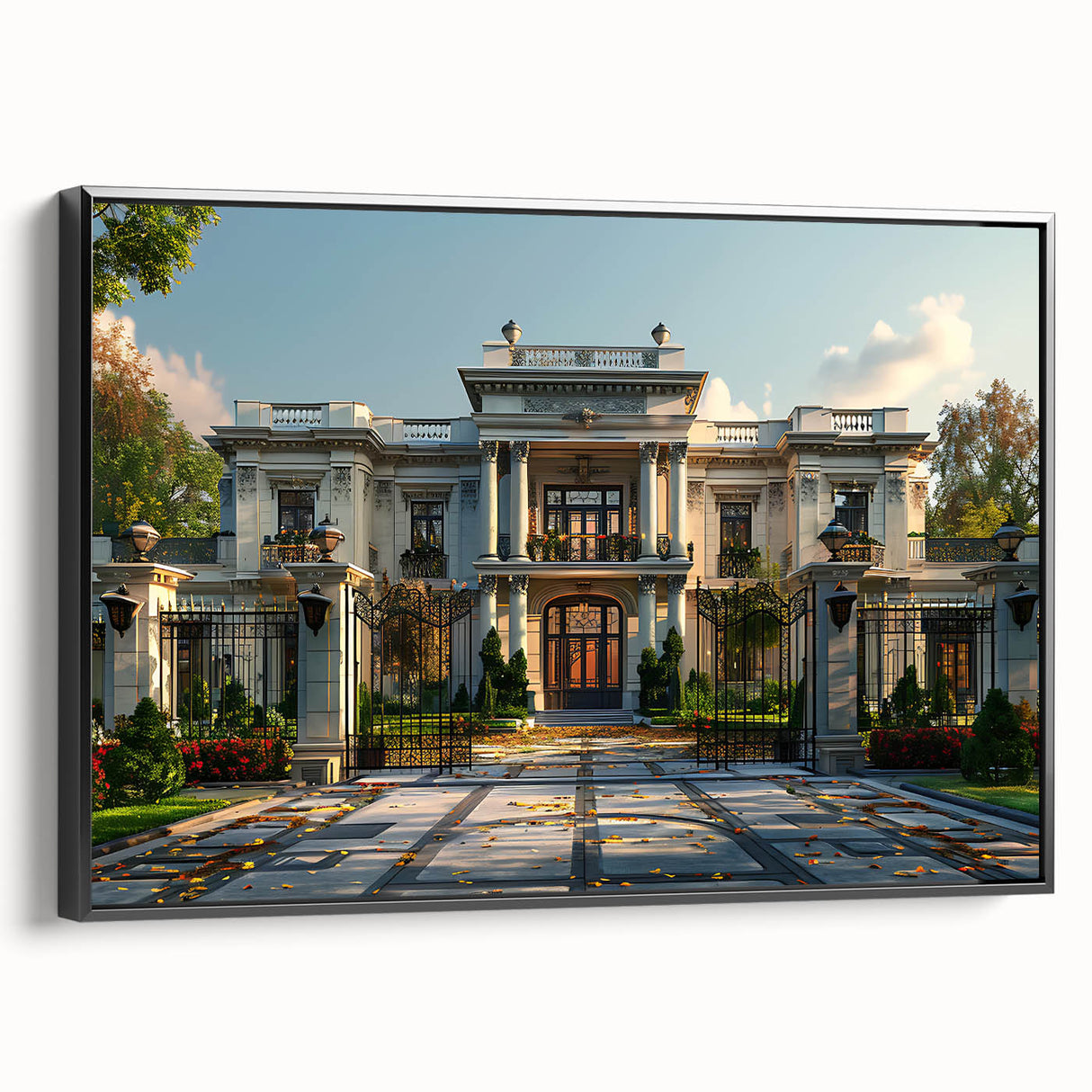 Black and white wall art featuring a vintage poster-style landscape painting on a framed canvas, ideal for bedroom decor.