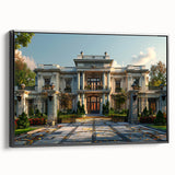 Black and white wall art featuring a vintage poster-style landscape painting on a framed canvas, ideal for bedroom decor.