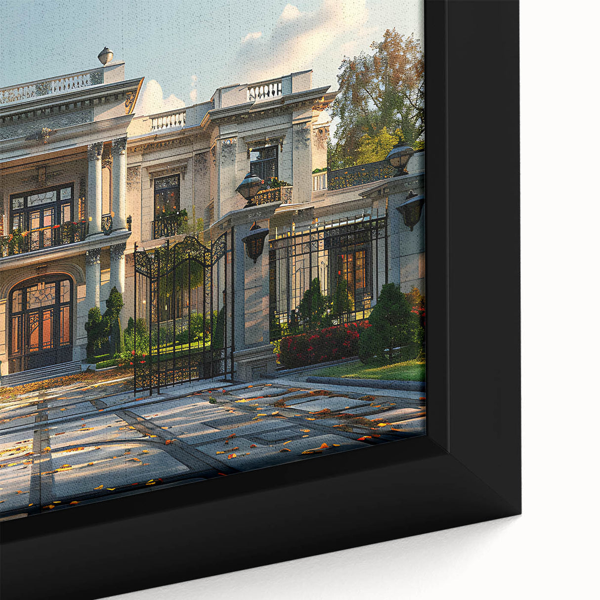 Close-up of a black wall art featuring a textured, colorful palace design on framed canvas, ideal for living room decor.