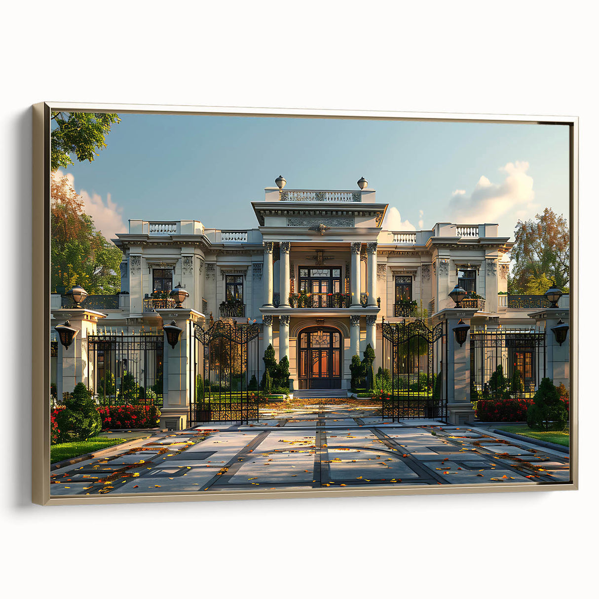 Framed canvas landscape art painting featuring a vintage palace design in gold, black, and colorful accents.