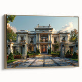 Framed canvas landscape art painting featuring a vintage palace design in gold, black, and colorful accents.