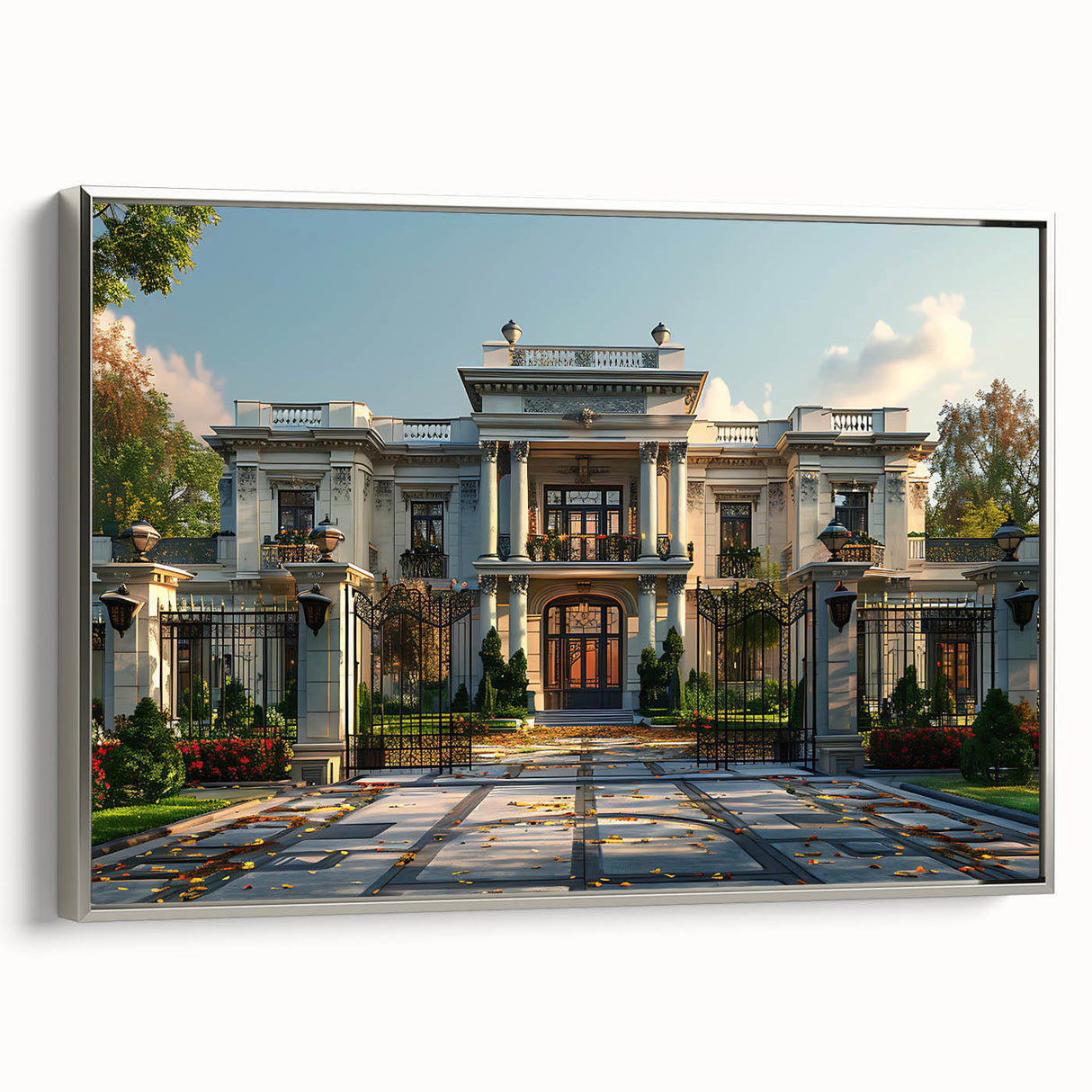 Vintage poster art of a palace design on framed canvas, featuring a mix of colorful and black elements.