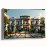 Vintage poster art of a palace design on framed canvas, featuring a mix of colorful and black elements.