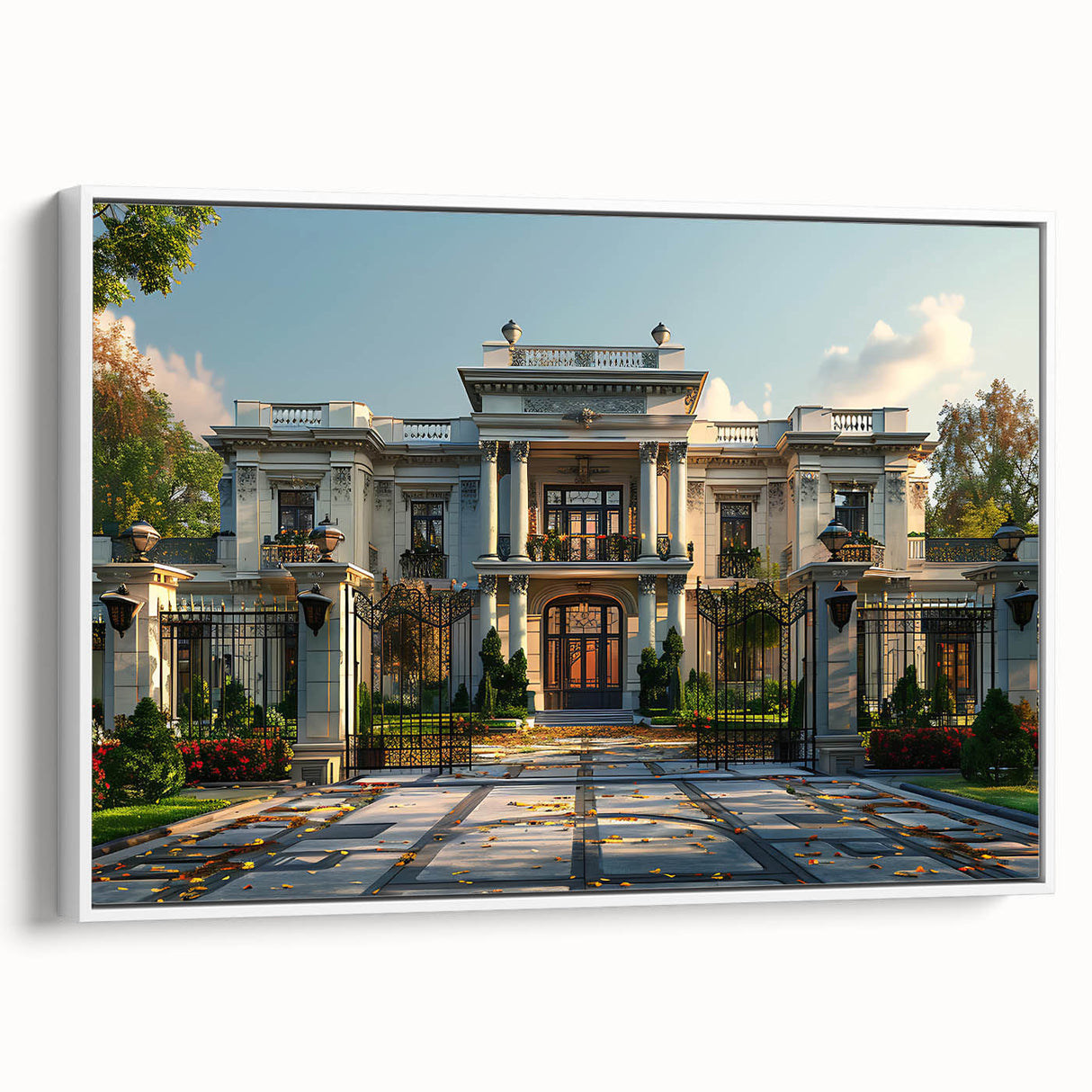 Framed canvas of a vintage black and white palace design, ideal for bedroom wall art.