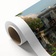 Art Deco poster of a palace architecture on rolled canvas, with soft pastel colors.