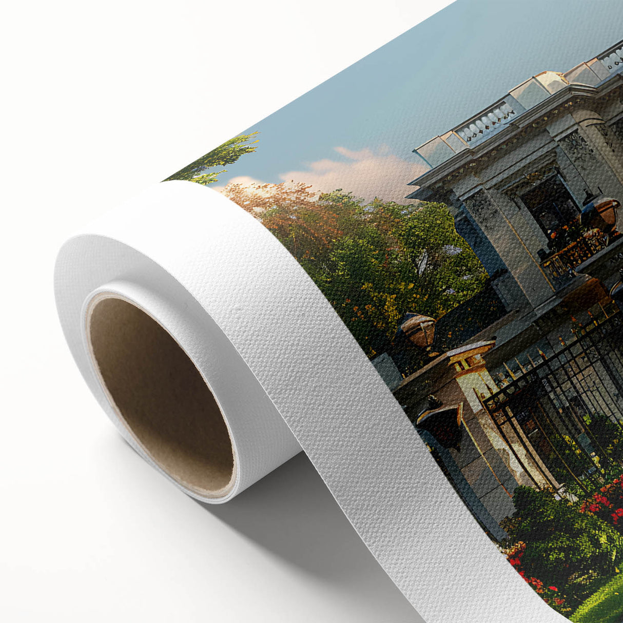 Art Deco poster of a palace architecture on rolled canvas, with soft pastel colors.