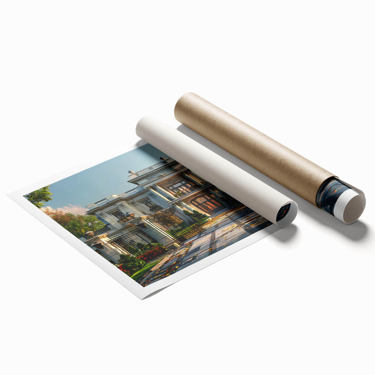 Extra large rolled print featuring a detailed floral design on a palace architecture backdrop, in muted earth tones.