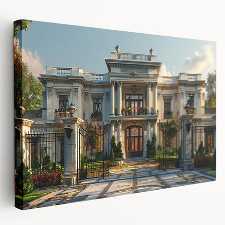 Large stretched canvas featuring a detailed palace architecture design in muted earth tones, ideal for kitchen wall art.