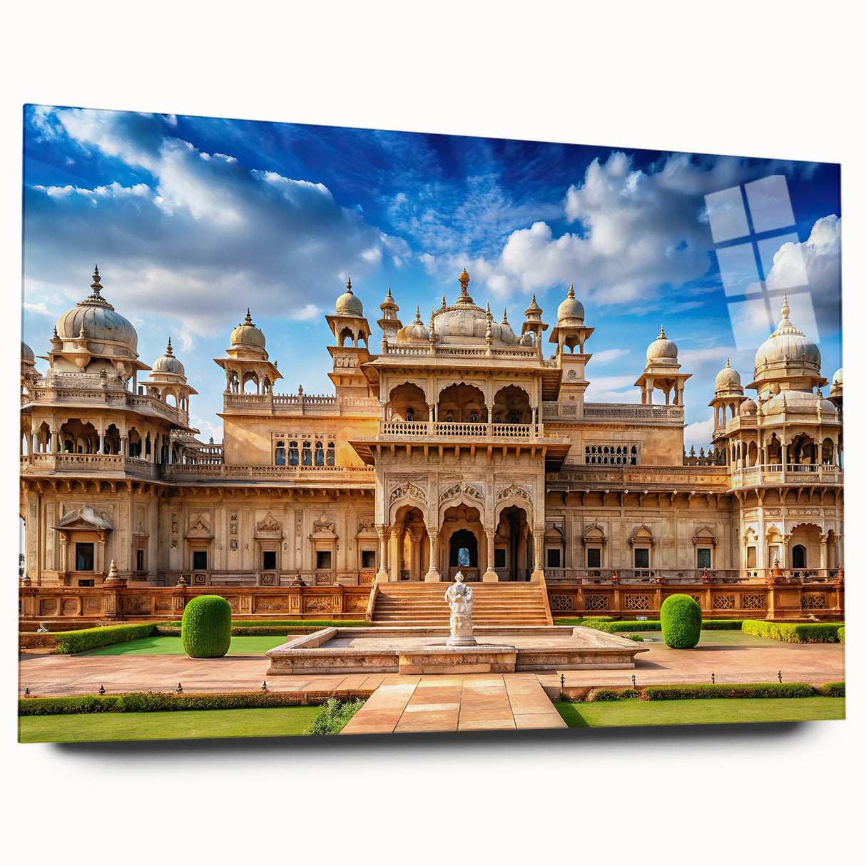 Large abstract wall art on acrylic glass depicting a modern palace design in muted gray tones.