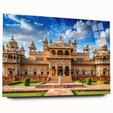 Large abstract wall art on acrylic glass depicting a modern palace design in muted gray tones.