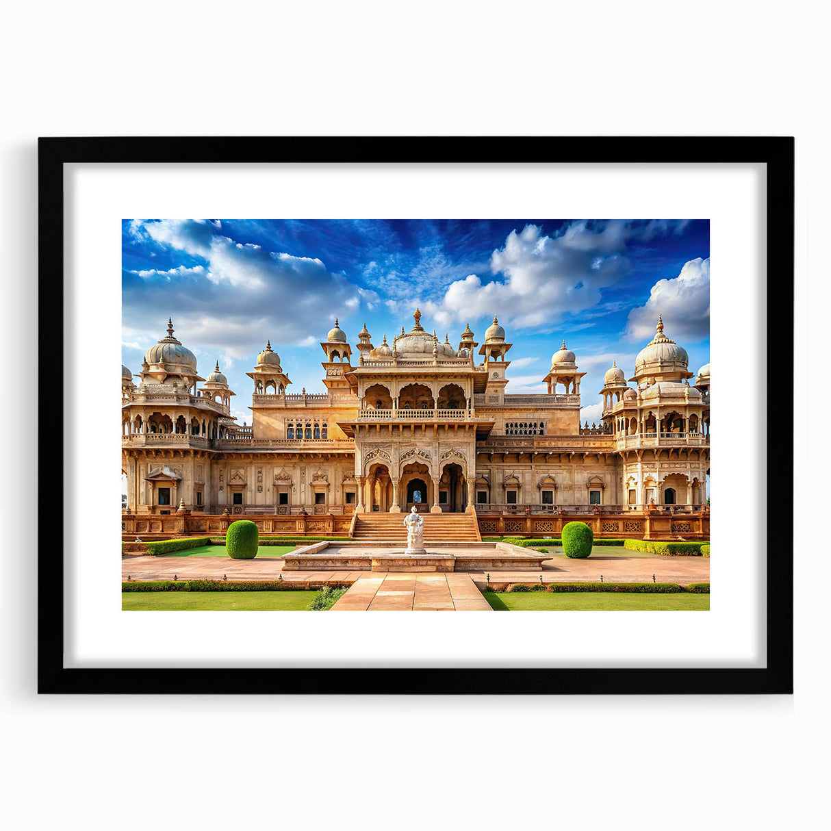 Extra large abstract art print featuring a colorful, textured depiction of a palace, on a black framed mat.
