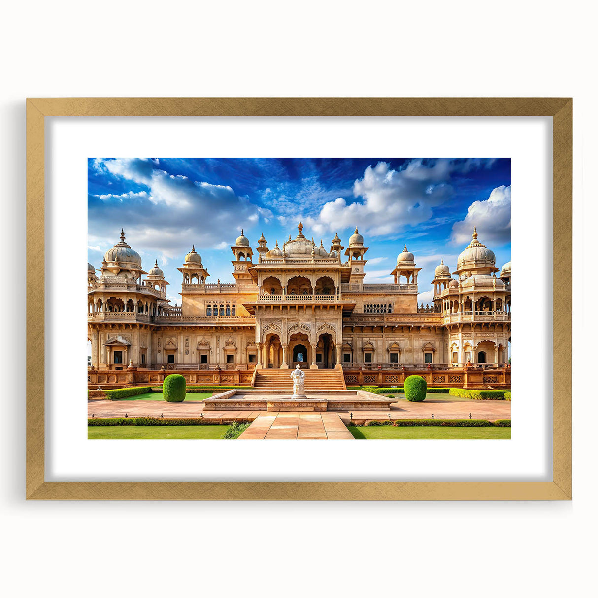 Textured abstract art print of a palace in muted gold and beige, framed with a gold mat, ideal for bedroom decor.