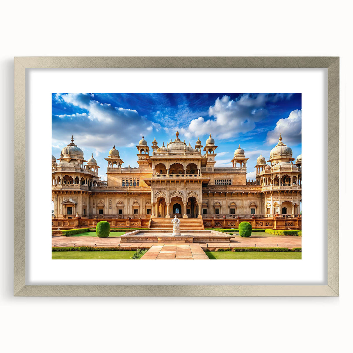 Abstract art print of a palace design in muted silver and gray tones on a framed canvas, suitable for dining room decor.