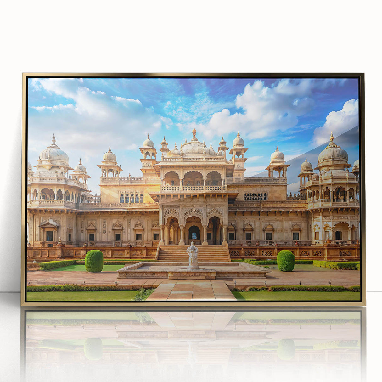 Mid-century modernist art of a palace in gold and black tones on framed acrylic, ideal for modern art wall decor.