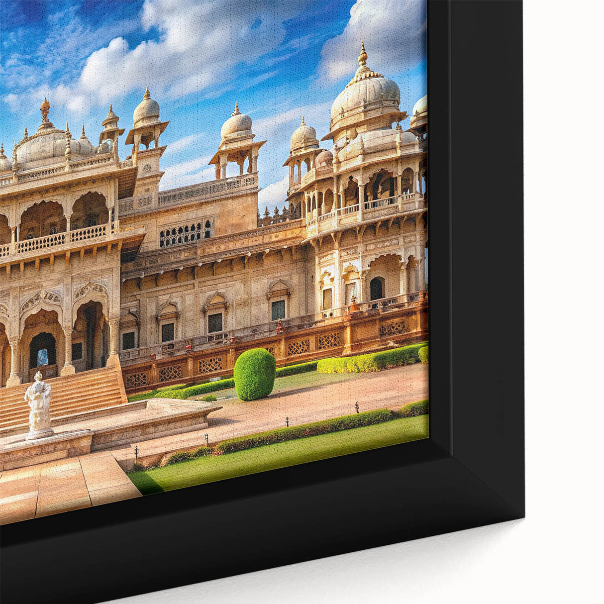 Extra large framed canvas featuring a close-up of a palace design in black with textured, colorful art details.