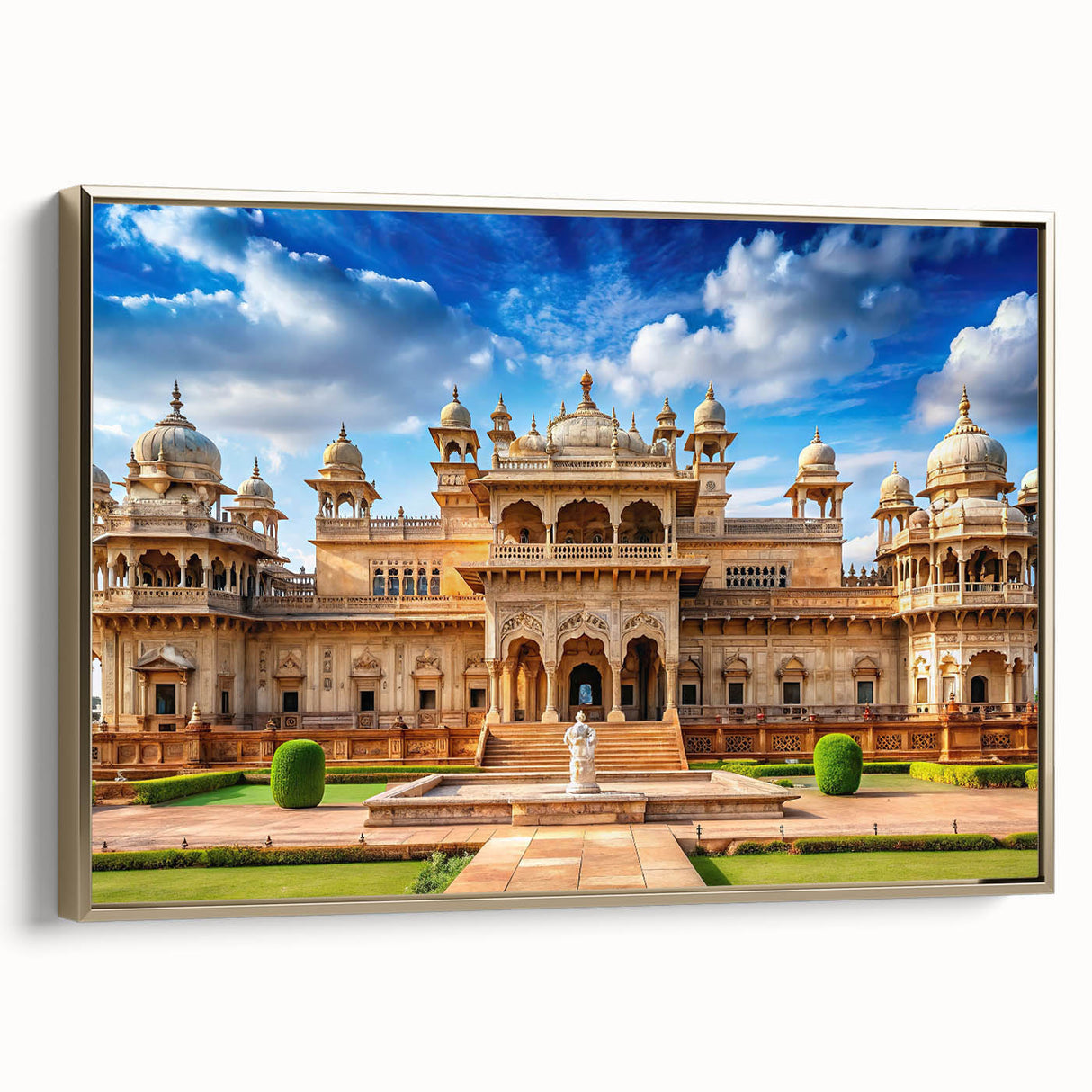 Framed canvas featuring a vintage-style landscape art painting of a palace, with a dominant black and gold color scheme.