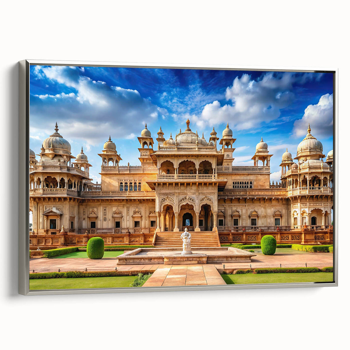 Vintage poster art of a palace design in muted black and silver tones on framed canvas, suitable for living room decor.