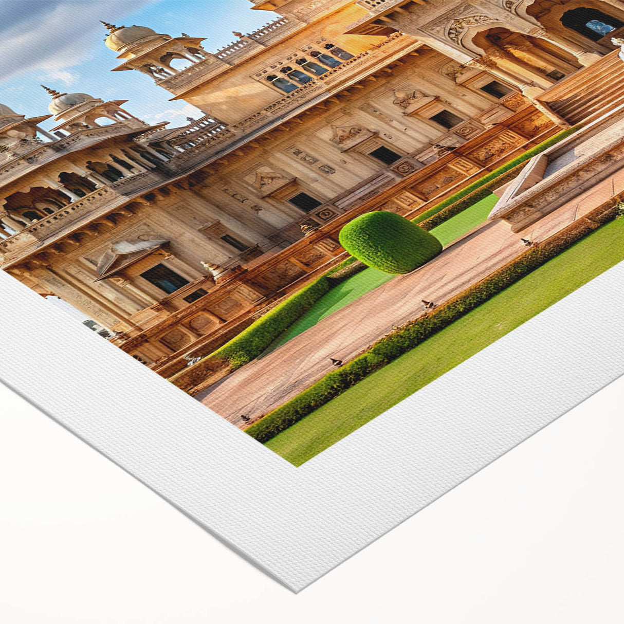 Art deco poster of a vibrant palace design in gold and teal tones on rolled canvas, suitable for dining room decor.