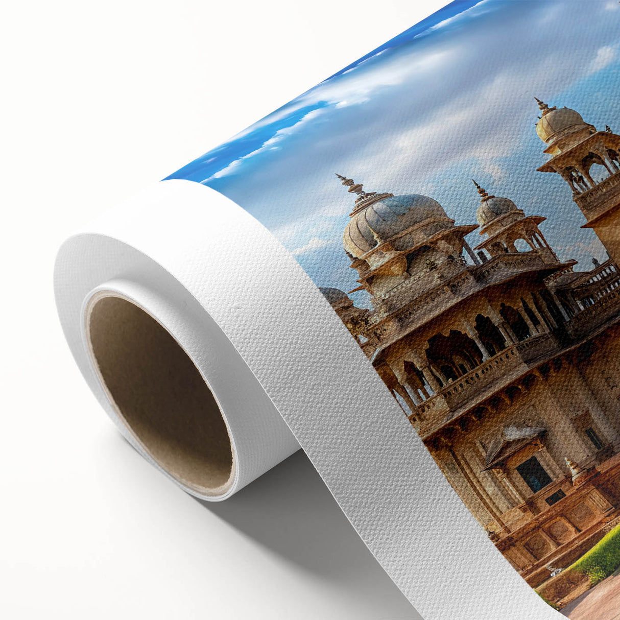 Art Deco style palace architecture on rolled canvas in pastel shades, ideal for nursery wall art or dining room.