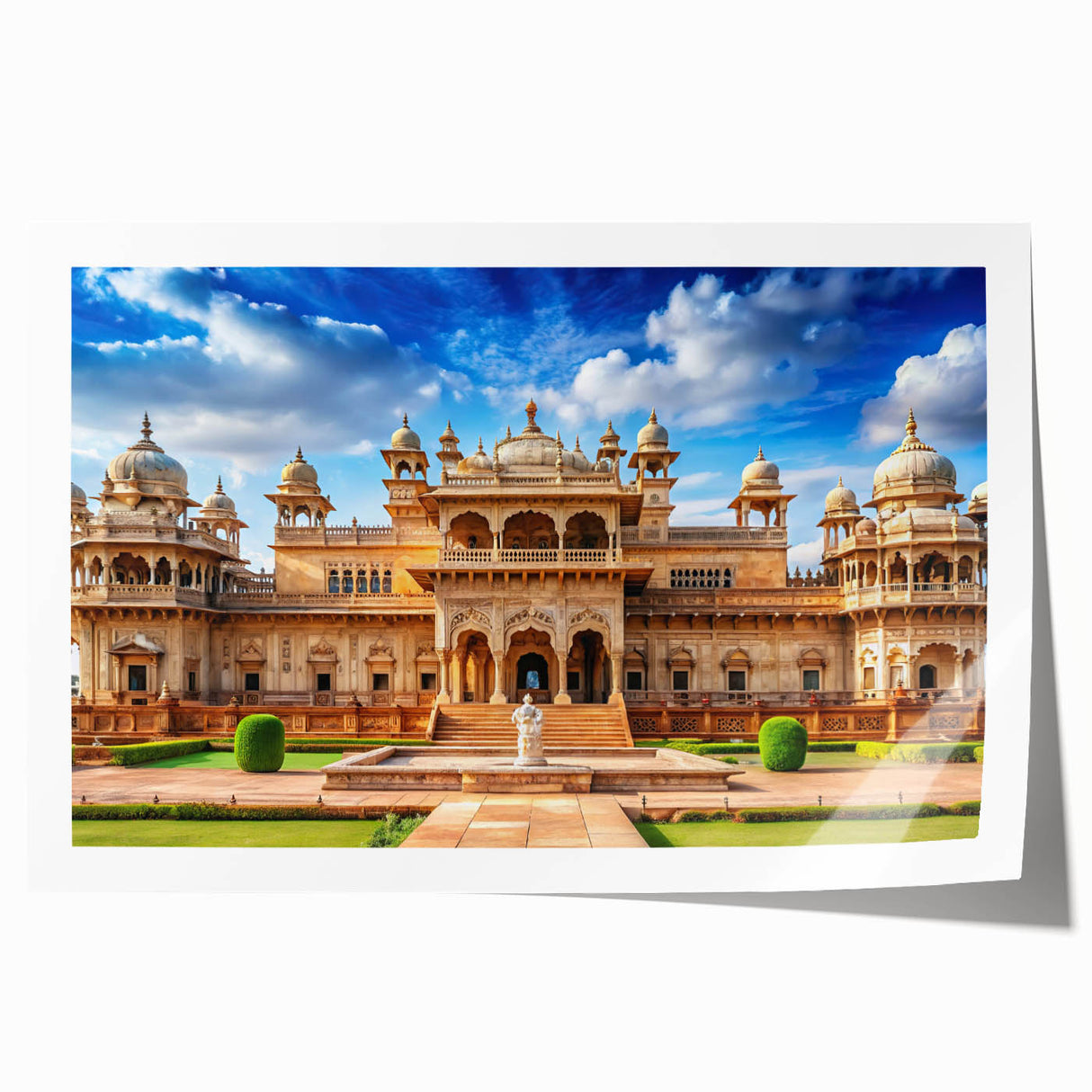 Extra large rolled print featuring a detailed illustration of a palace with soft beige and earth tones.