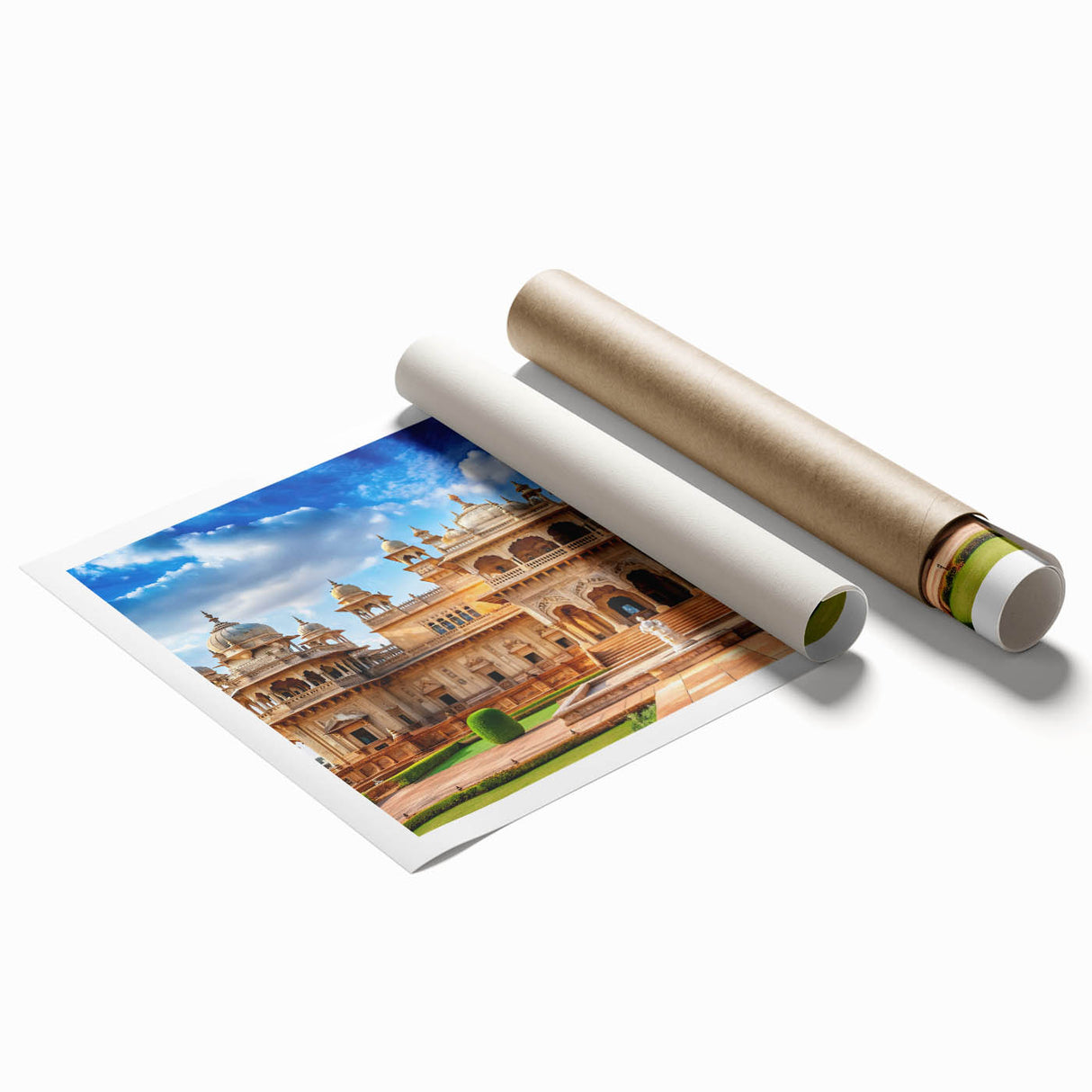 Extra large rolled print of a palace architecture with floral designs in muted tones.