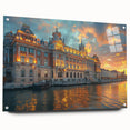 Large abstract wall art depicting a palace design in muted gold and gray tones on acrylic glass.
