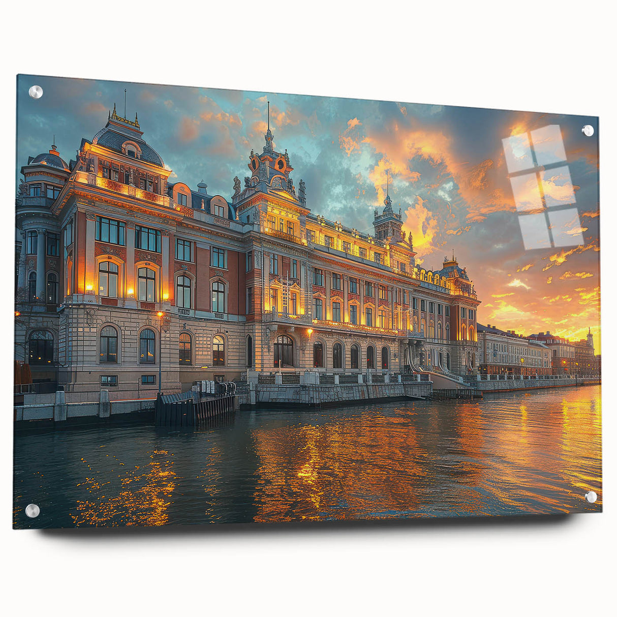 Large abstract wall art depicting a palace design in muted gold and gray tones on acrylic glass.