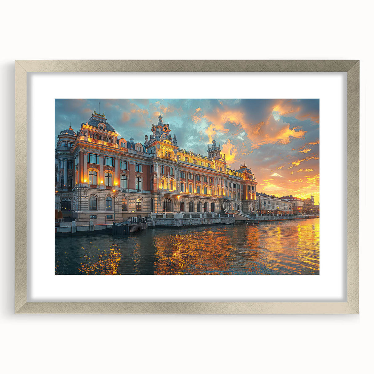 Abstract art print of a palace in muted gray and silver tones on a framed poster, ideal for dining room decor.