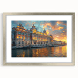 Abstract art print of a palace in muted gray and silver tones on a framed poster, ideal for dining room decor.