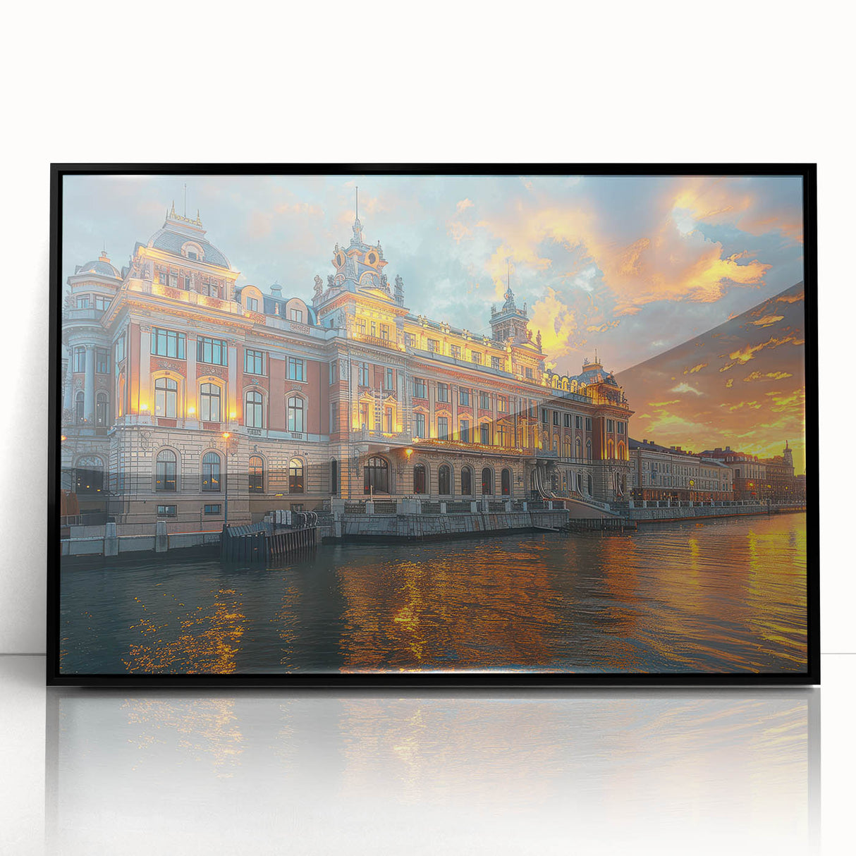 Large abstract wall art depicting a palace design in black and white tones on a framed acrylic.