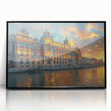 Large abstract wall art depicting a palace design in black and white tones on a framed acrylic.