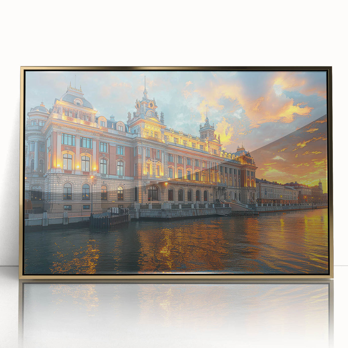 Mid-century modernist art of a palace design in gold tones on a framed acrylic, ideal for nursery wall art.