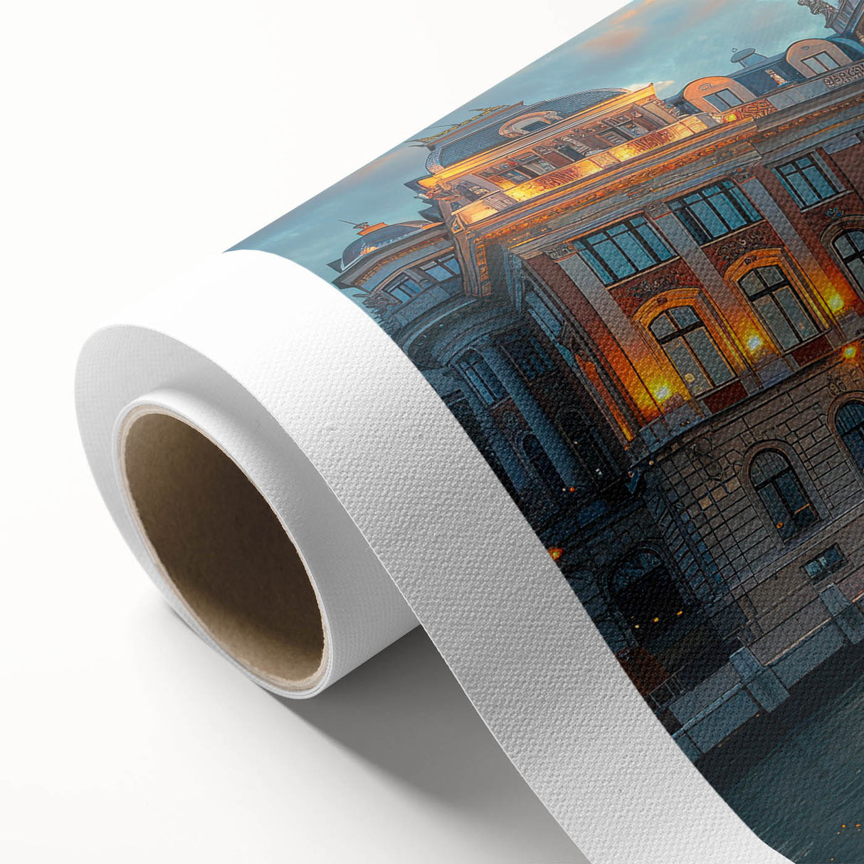 Art Deco poster of a palace architecture in muted gold and white tones on rolled canvas.