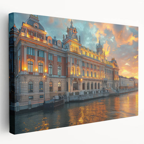 Large art print of a palace design in muted beige and ivory tones on stretched canvas, suitable for kitchen wall art.