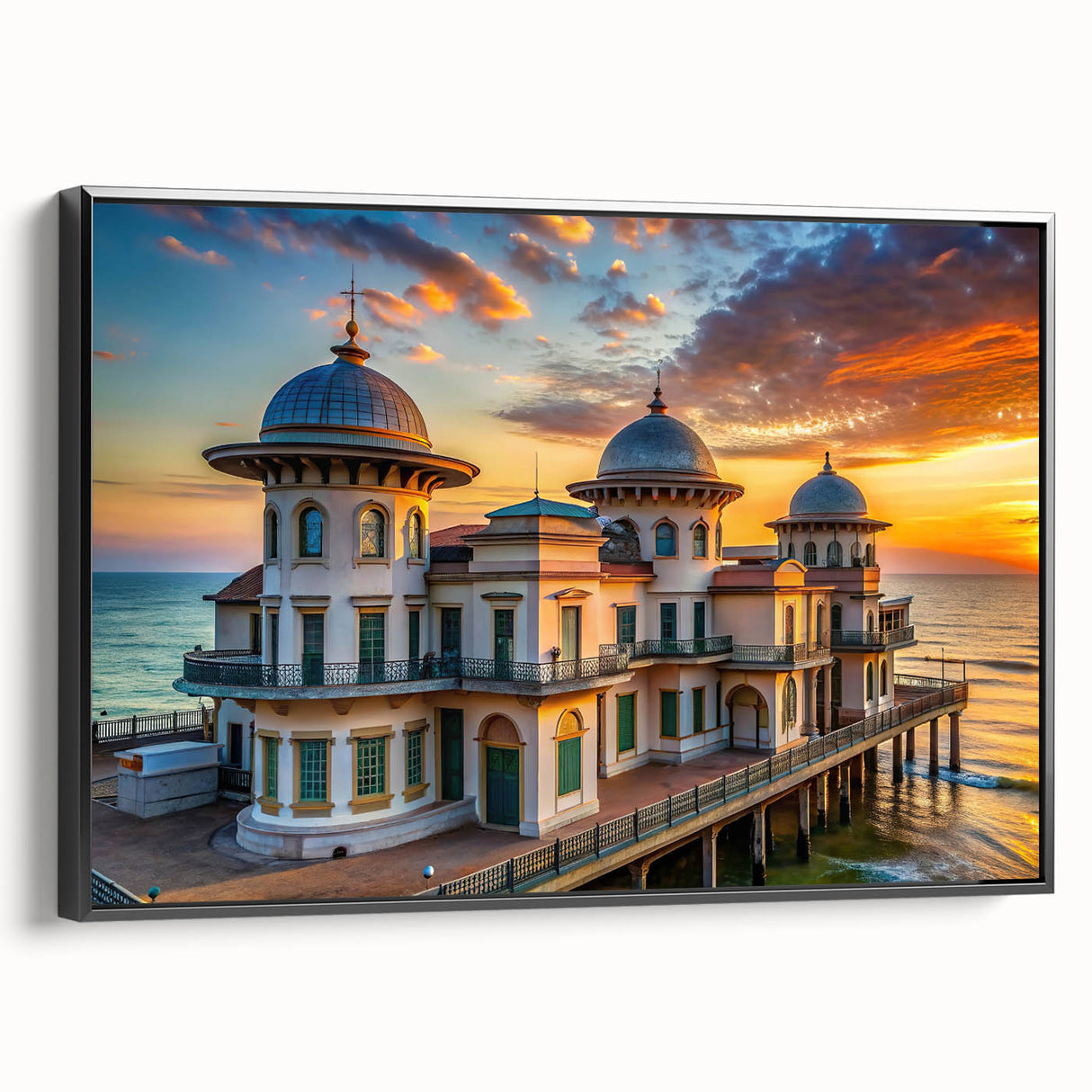 Black and white vintage poster art of a palace design on framed canvas, suitable for bedroom wall decor.