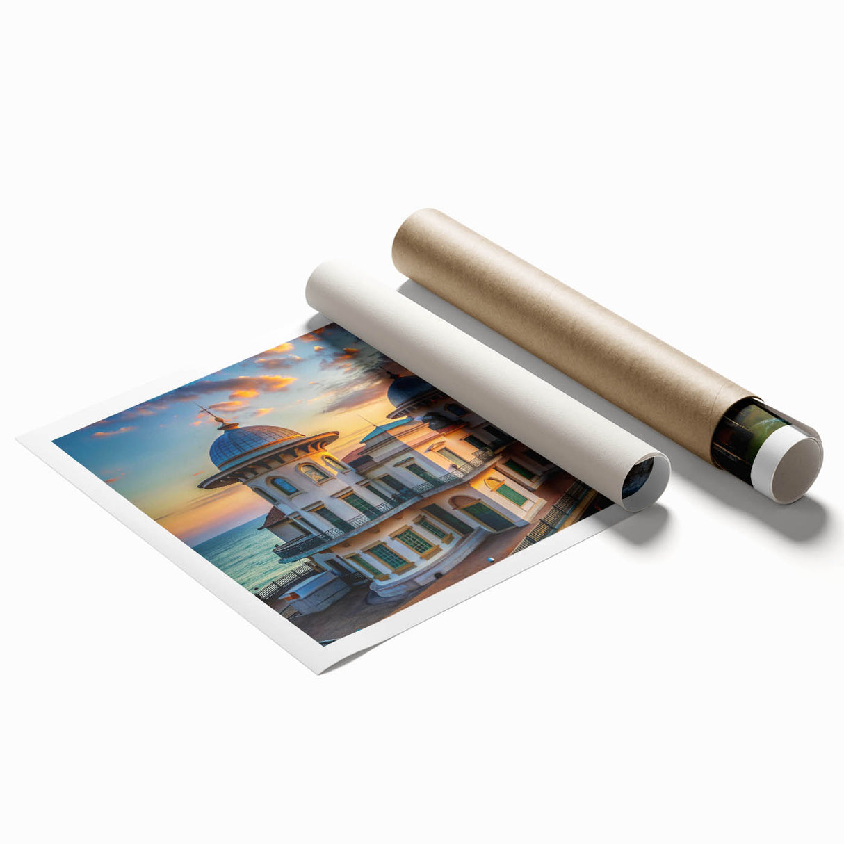 Extra large rolled print of a palace architecture with floral designs in muted tones.