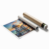 Extra large rolled print of a palace architecture with floral designs in muted tones.