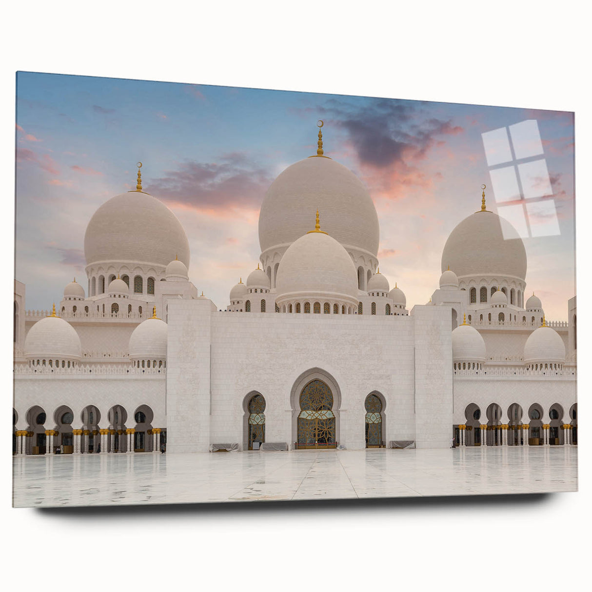 Large abstract wall art on acrylic glass depicting a palace design in muted earth tones.
