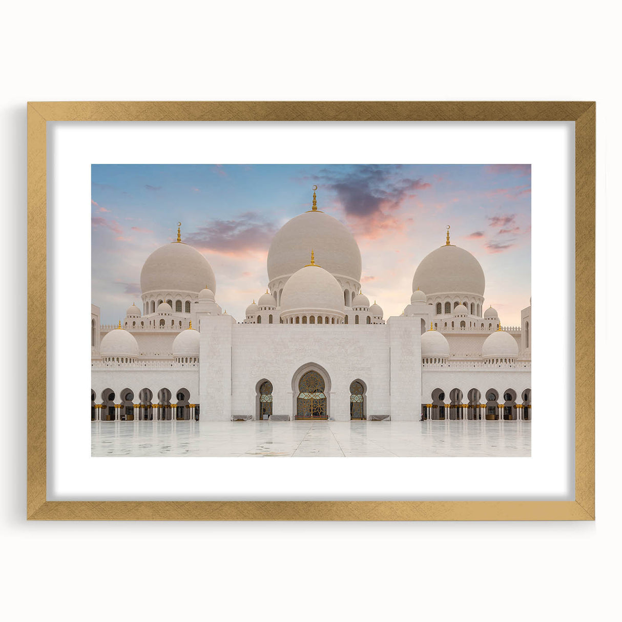 Textured abstract art print of a palace design in gold and beige tones, framed with a mat, ideal for bedroom art.