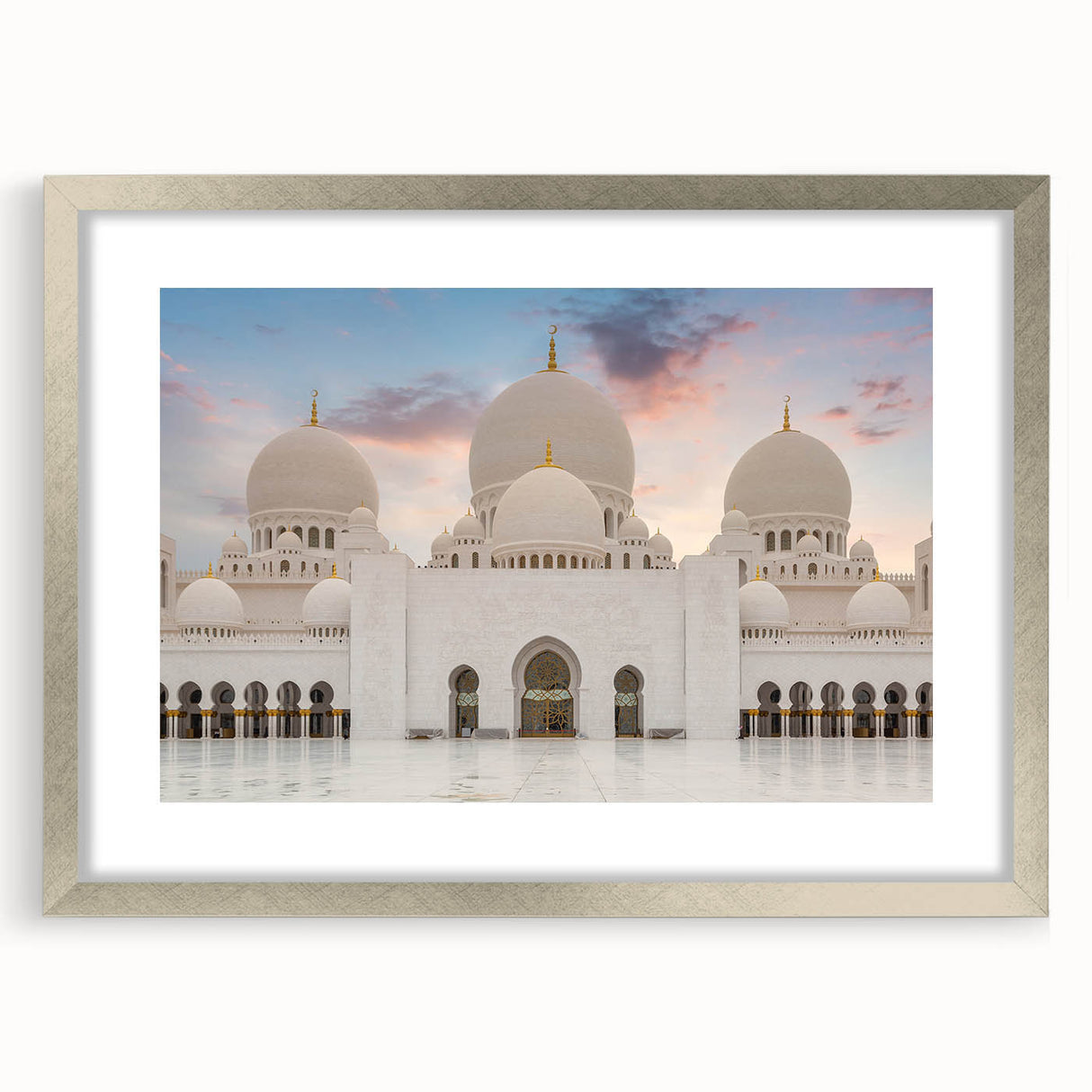 Abstract art print of a minimalist palace design in muted gray tones on a framed silver mat, ideal for dining room decor.