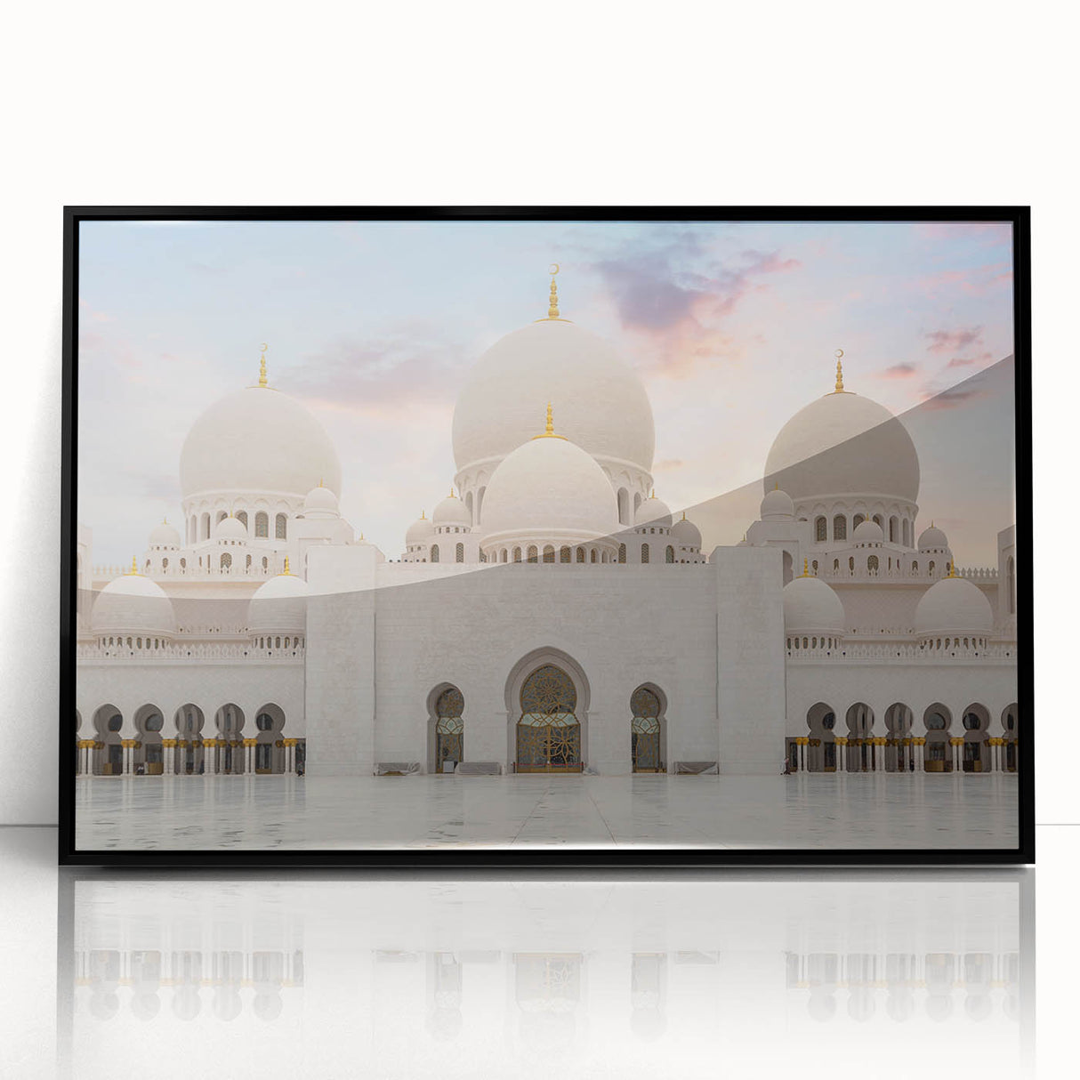 Large abstract wall art depicting a mid-century modernist palace design in black and white tones, acrylic print framed.
