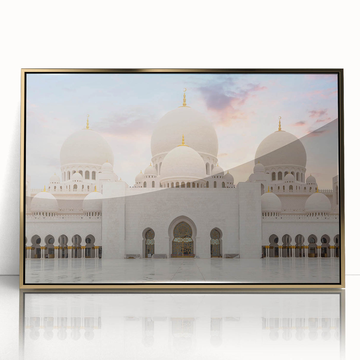 Mid-century modernist palace design in gold and beige tones on a framed acrylic print, ideal for nursery wall art.