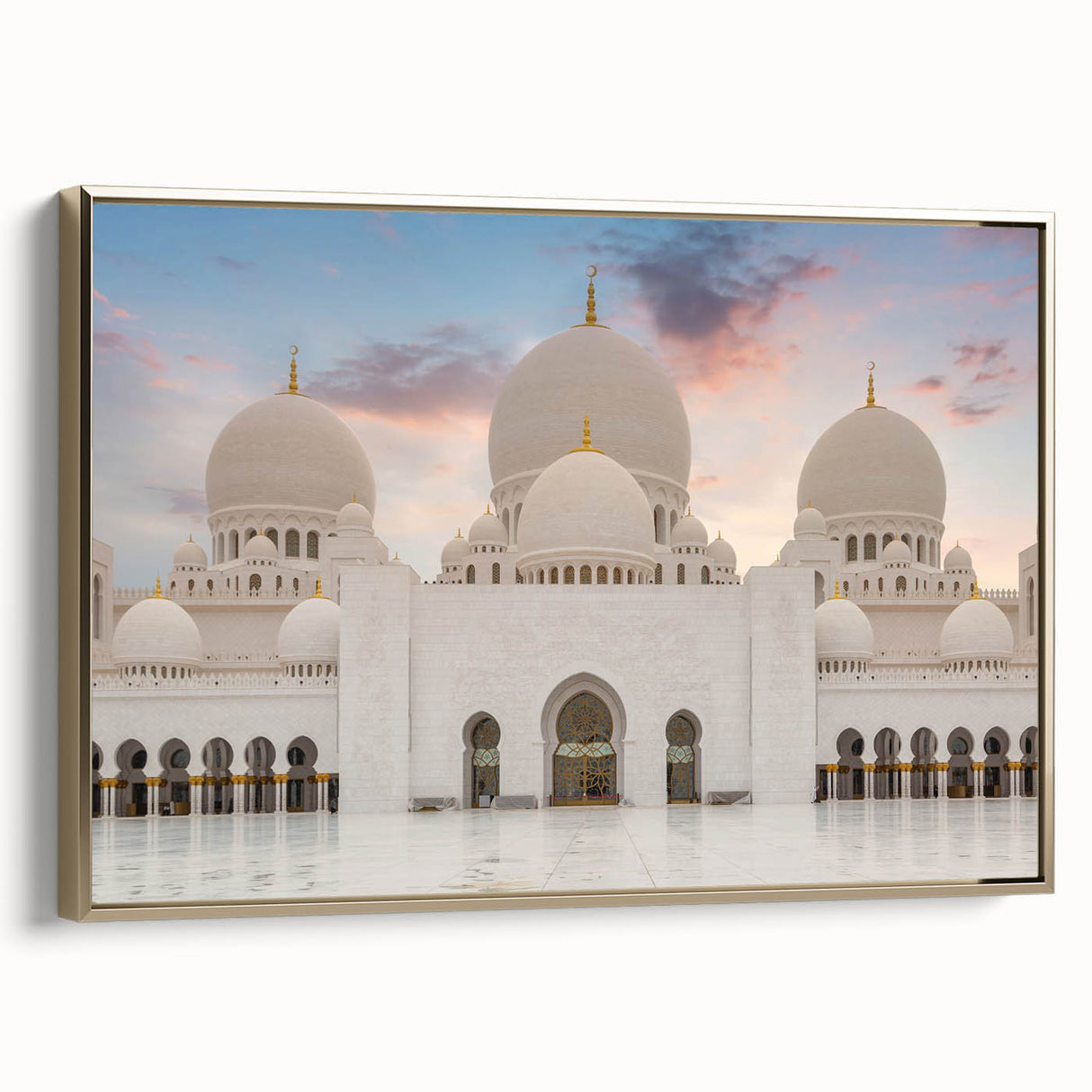 Framed canvas of a vintage palace design in muted gold and black tones.